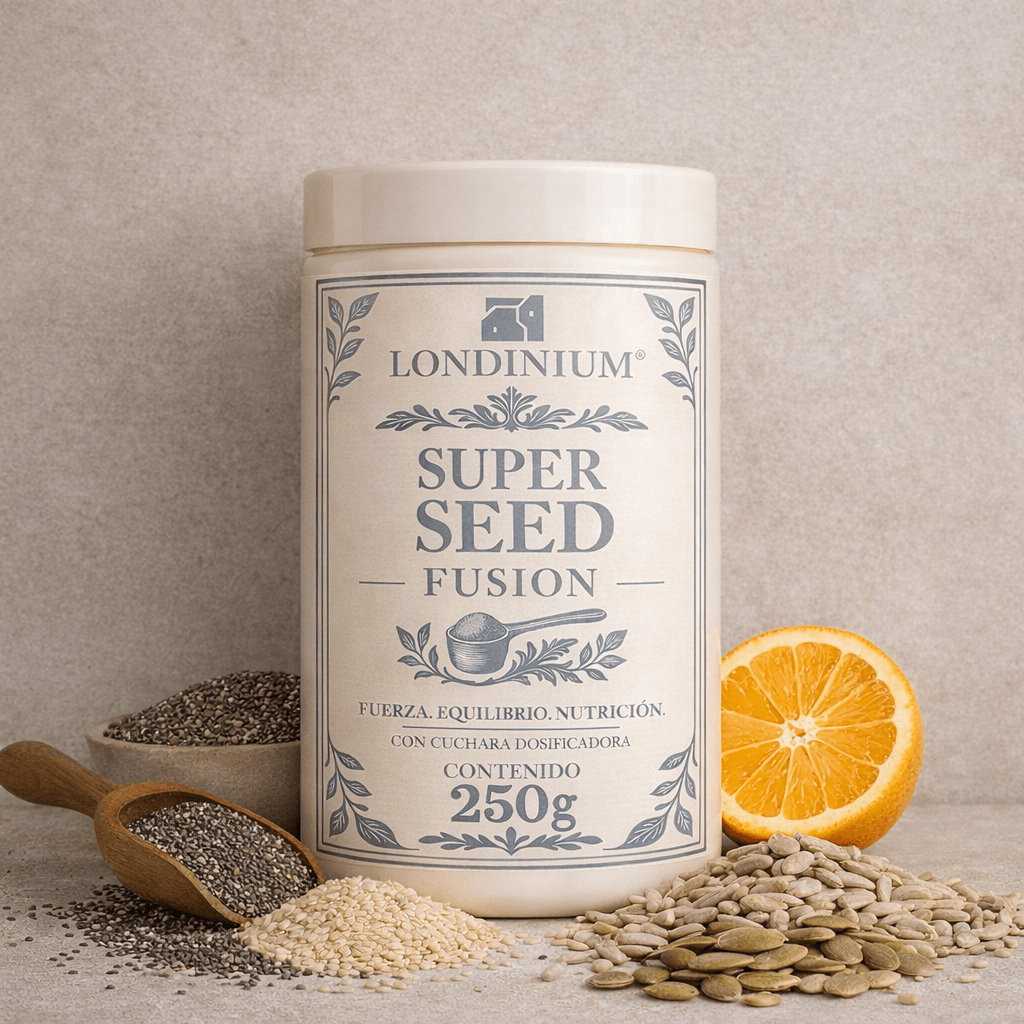 Frasco de suplemento alimenticio a base de semillas